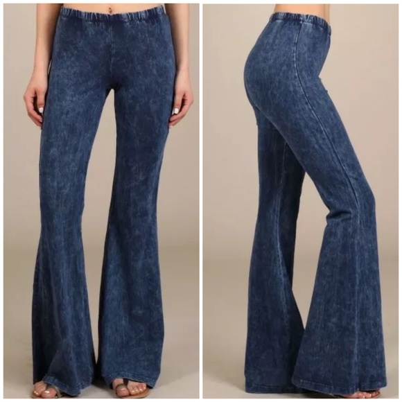Pants - Electric Blue Boho Mineral Wash Flared Pants